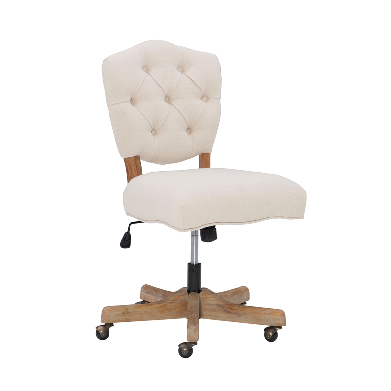 Linon Kelsey Graywash Wood Base Upholstered Tufted Swivel Office Chair in Beige