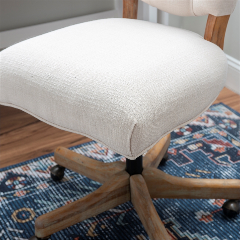 Linon Kelsey Graywash Wood Base Upholstered Tufted Swivel Office Chair in Beige