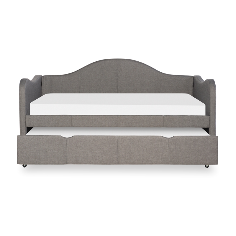 Linon Siena Upholstered Day Bed with Trundle in Gray Fabric and Black Legs