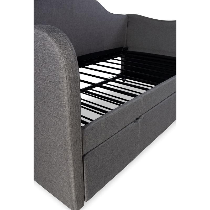 Linon Siena Upholstered Day Bed with Trundle in Gray Fabric and Black Legs