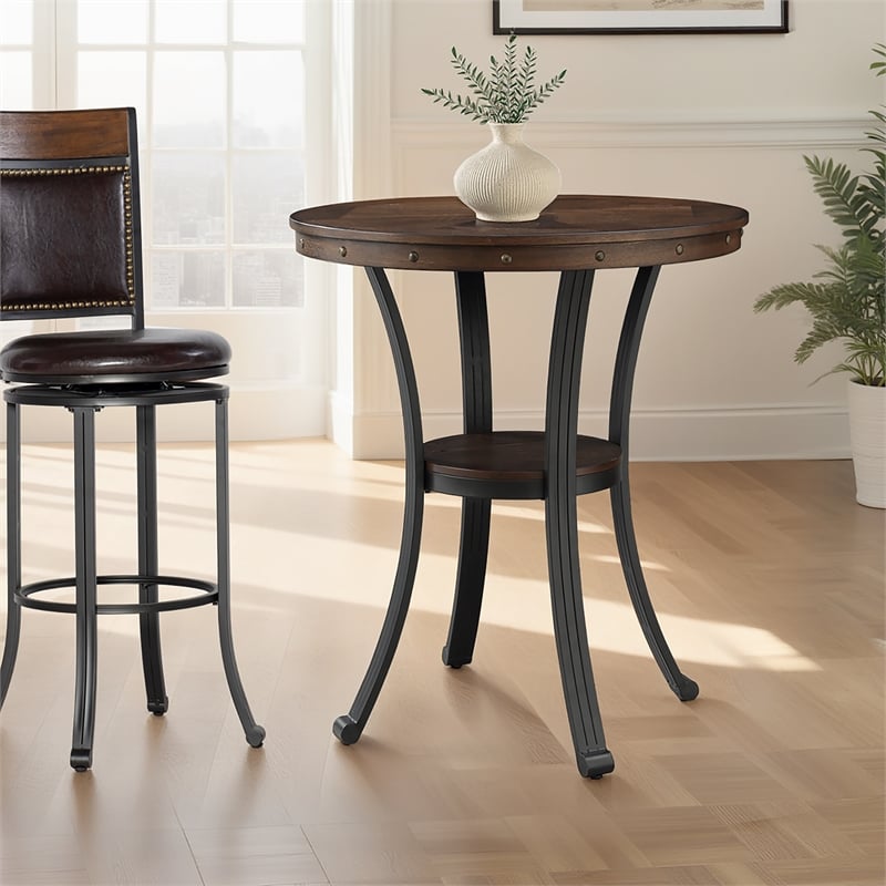 Linon Franklin Pub Table Steel Legs Wood Top & Shelf in Rustic Umber Brown