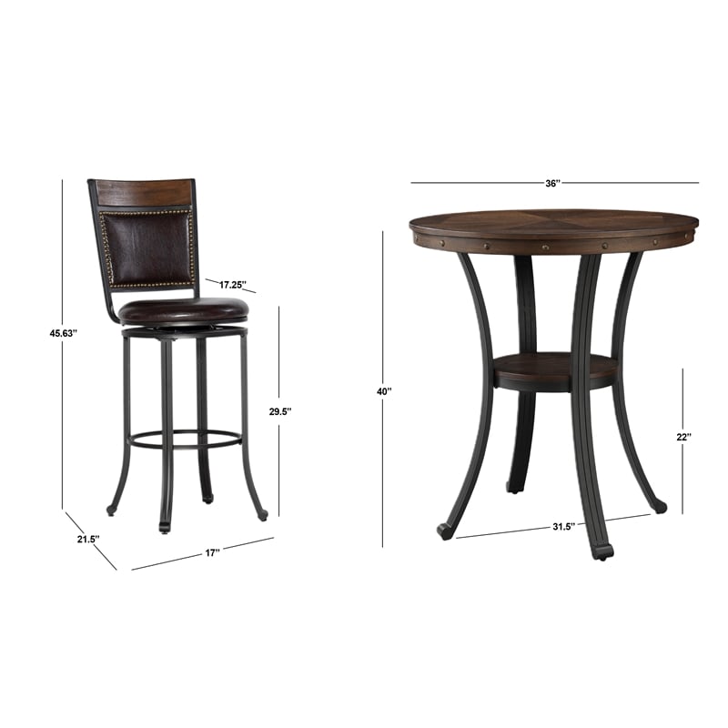 Linon Franklin 3 Pce Pub Table Set Faux Leather Wood Top & Shelf in Umber Brown