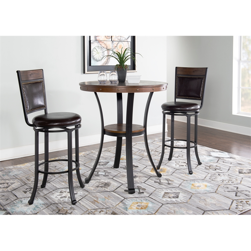 Linon Franklin 3 Pce Pub Table Set Faux Leather Wood Top & Shelf in Umber Brown