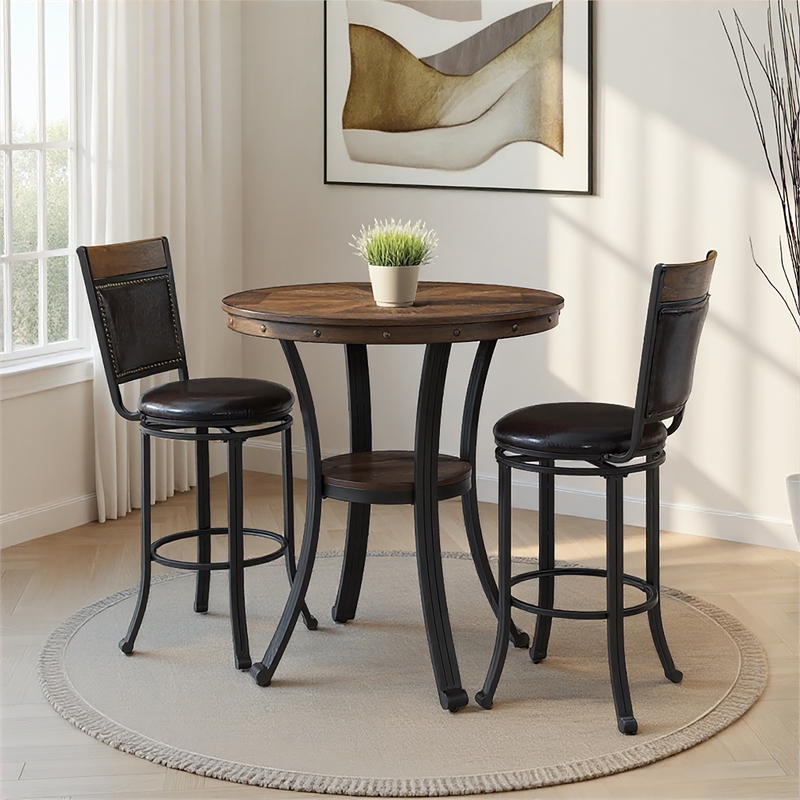 Linon Franklin 3 Pce Pub Table Set Faux Leather Wood Top & Shelf in Umber Brown