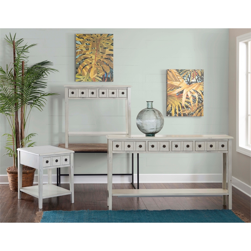 Linon Sadie Long Console Table with 4 Drawers and Shelf in Distressed Cream Wood