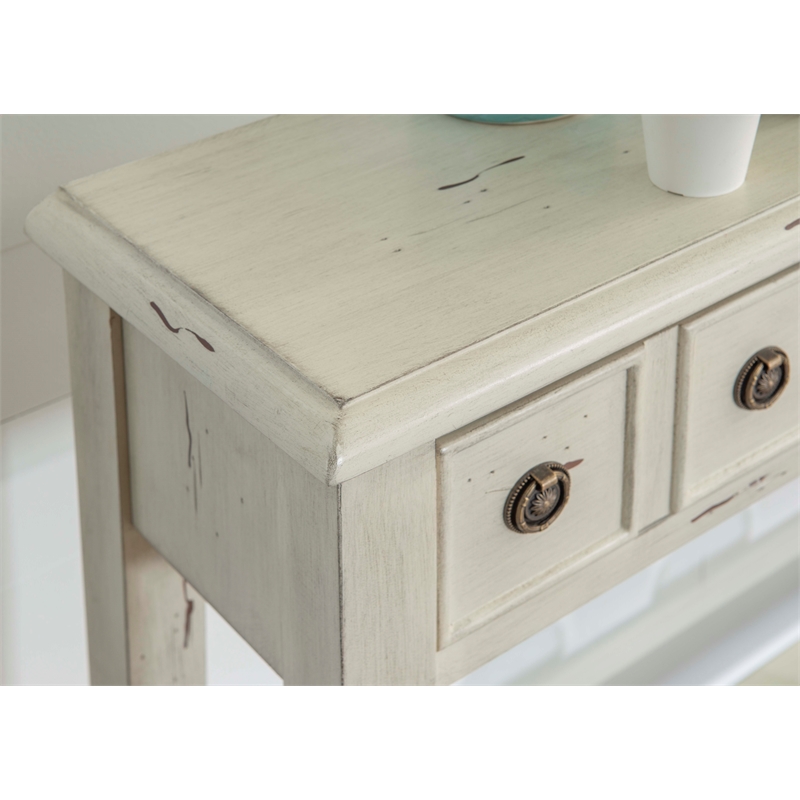 Linon Sadie Long Console Table with 4 Drawers and Shelf in Distressed Cream Wood