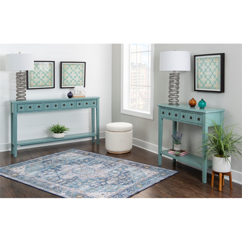 Linon Sadie Long Console Table with 4 Drawers and Shelf in Distressed Teal Wood