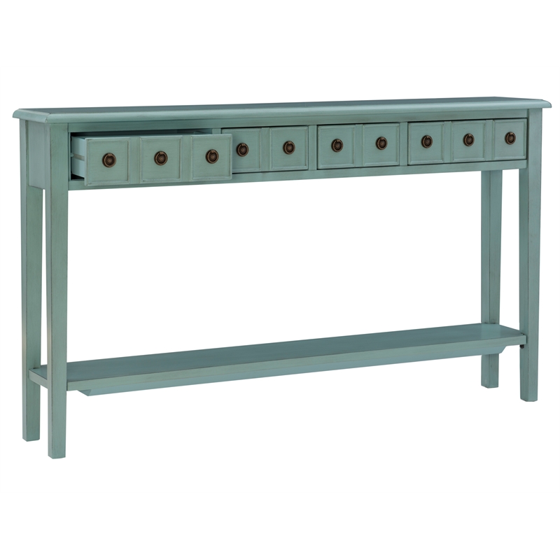 Linon Sadie Long Console Table with 4 Drawers and Shelf in Distressed Teal Wood