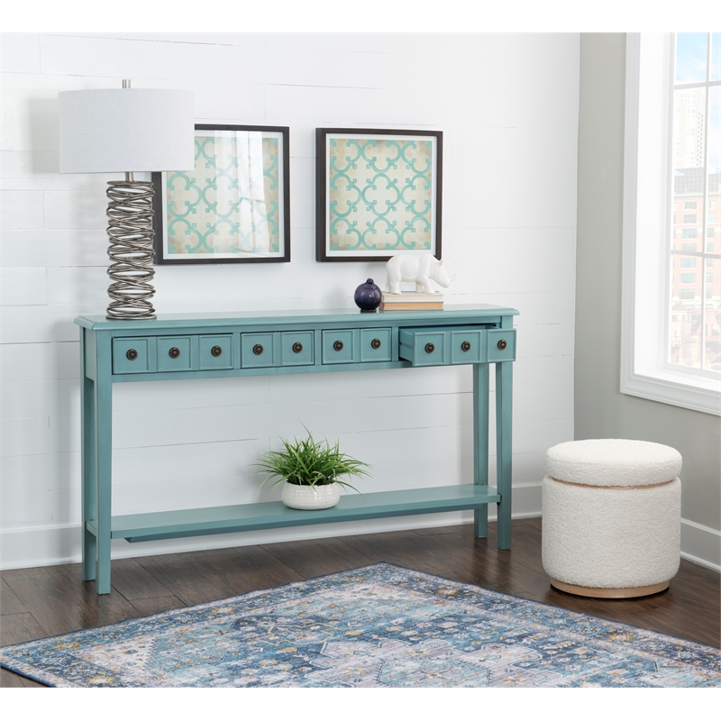 Linon Sadie Long Console Table with 4 Drawers and Shelf in Distressed Teal Wood