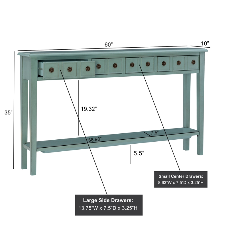 Linon Sadie Long Console Table with 4 Drawers and Shelf in Distressed Teal Wood