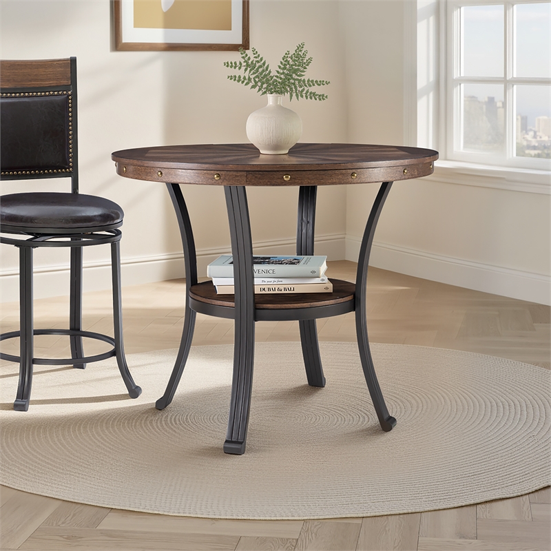 Linon Franklin End Table Steel Legs Wood Top and Shelf in Rustic Umber Brown