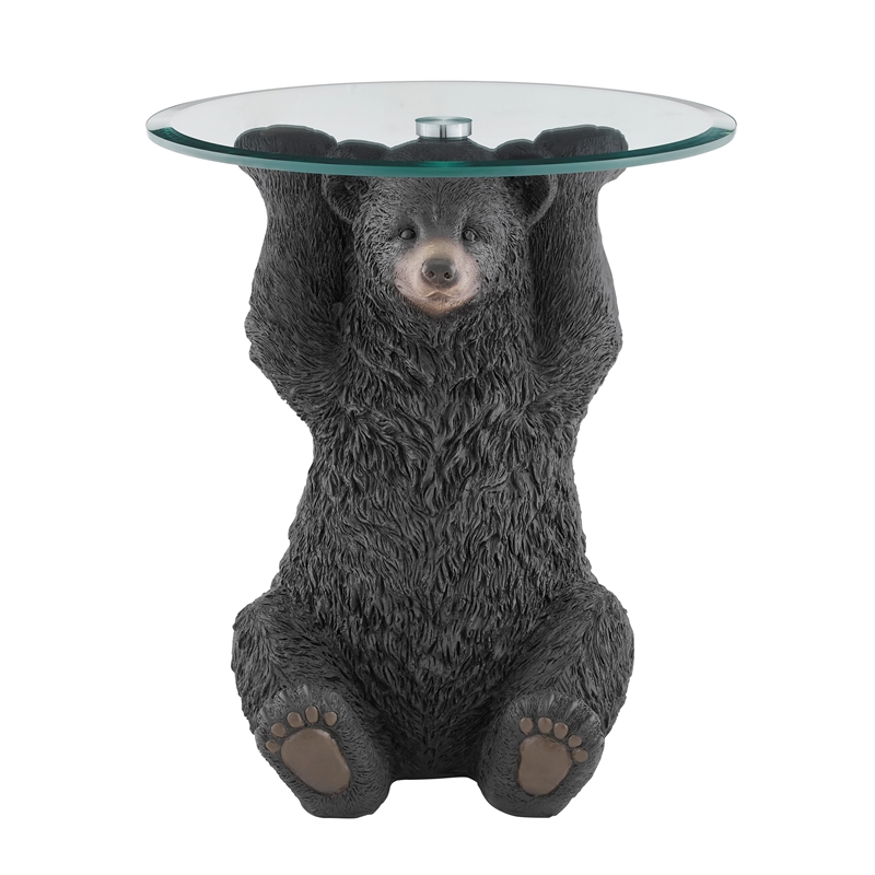 Linon Barney Bear Resin Accent Table Glass Top with Beveled Edge in Dark Brown