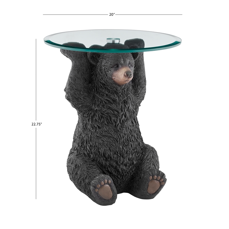 Linon Barney Bear Resin Accent Table Glass Top with Beveled Edge in Dark Brown