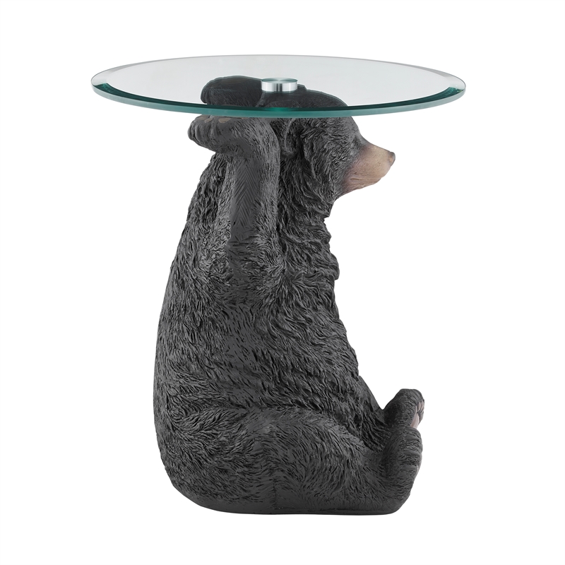 Linon Barney Bear Resin Accent Table Glass Top with Beveled Edge in Dark Brown