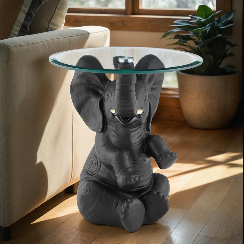 Linon Ernie Elephant Glass Top Accent Table in Dark Gray Resin