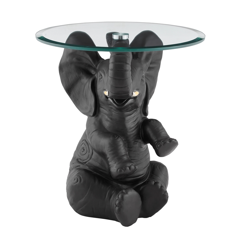 Linon Ernie Elephant Glass Top Accent Table in Dark Gray Resin