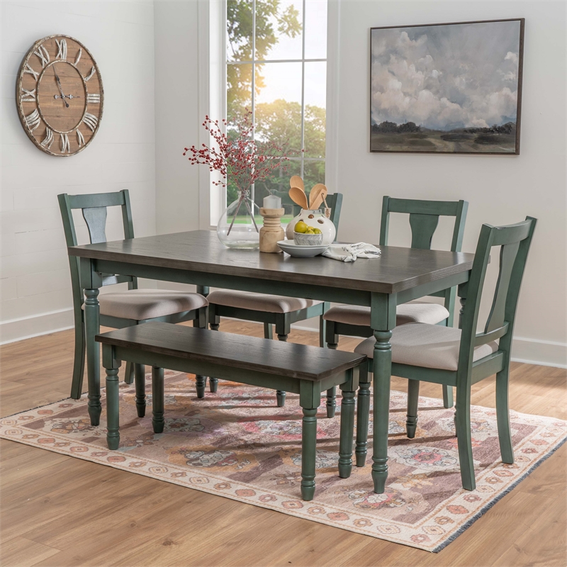 Linon Willow Wood Six Piece Upholstered Dining Set with Bench in Teal Blue