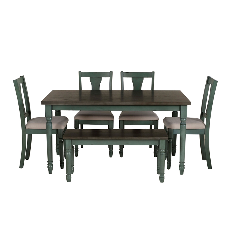 Linon Willow Wood Six Piece Upholstered Dining Set with Bench in Teal Blue