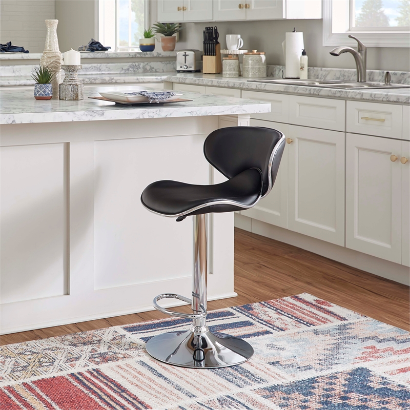 Linon Chrome Faux Leather Round Back Swivel Adjustable Gaslift Barstool in Black