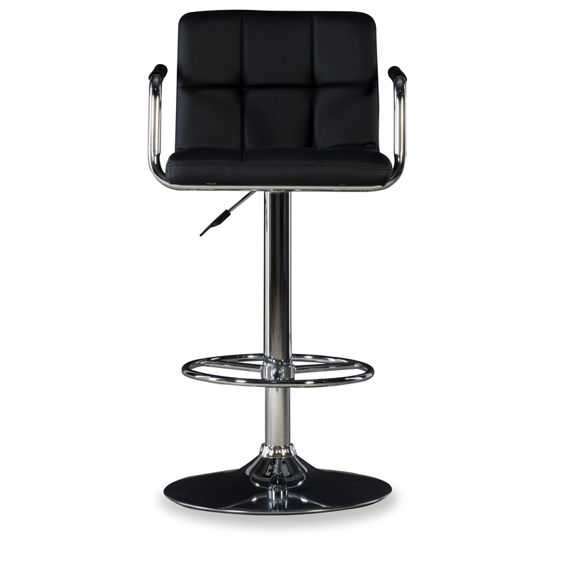 Linon Chrome Quilted Faux Leather Gas Lift Swivel Bar Stool with Arms in Black