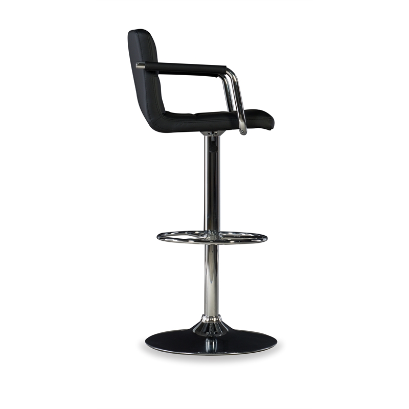 Linon Chrome Quilted Faux Leather Gas Lift Swivel Bar Stool with Arms in Black