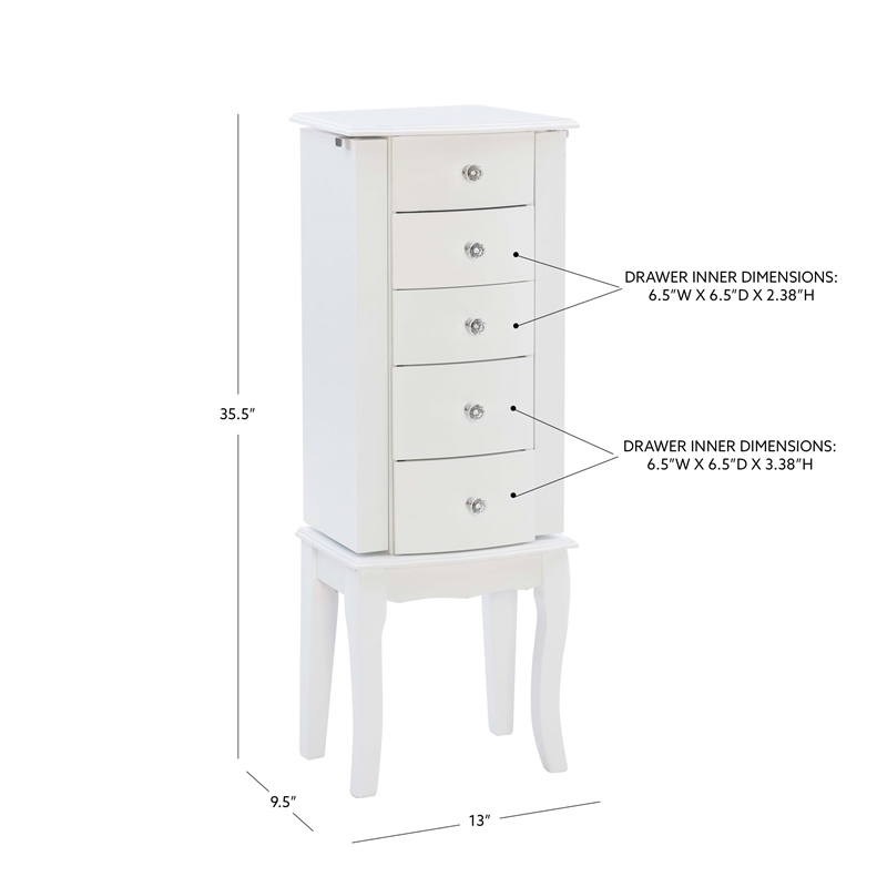 Linon Jasmine Jewelry Armoire Crystal Drawer Pulls Pink Lining in White Wood