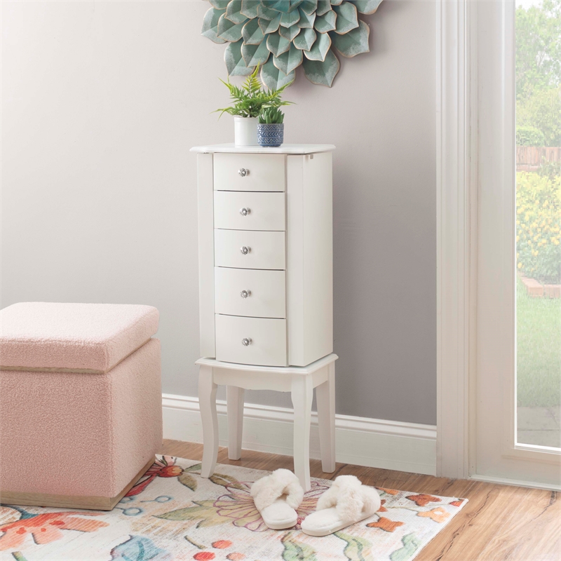 Linon Jasmine Jewelry Armoire Crystal Drawer Pulls Pink Lining in White Wood