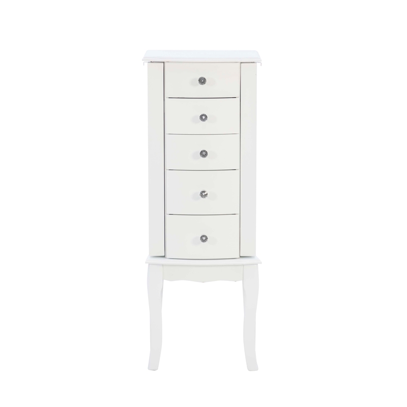 Linon Jasmine Jewelry Armoire Crystal Drawer Pulls Pink Lining in White Wood