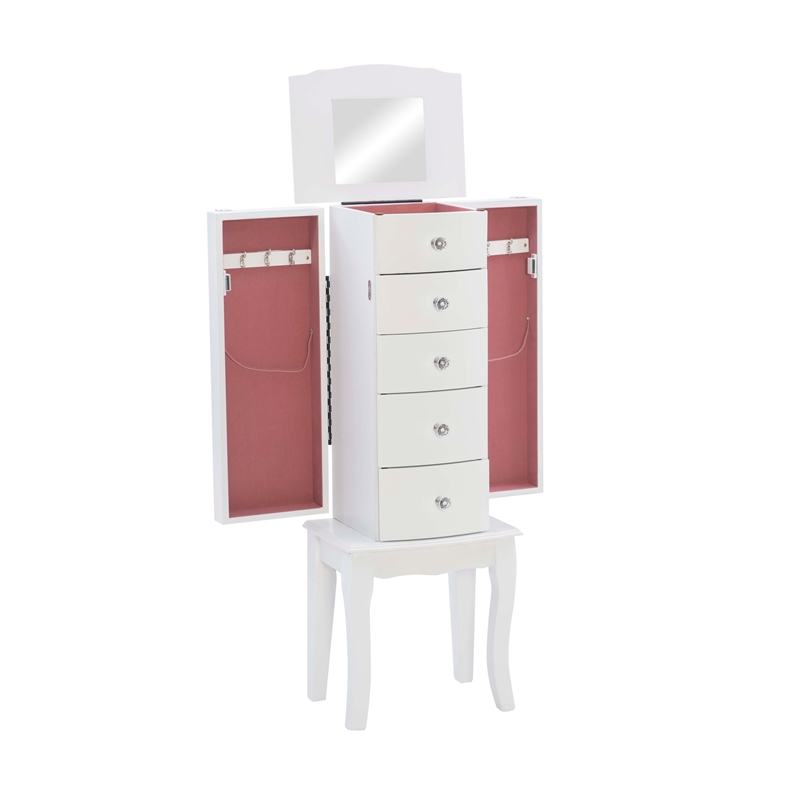 Linon Jasmine Jewelry Armoire Crystal Drawer Pulls Pink Lining in White Wood