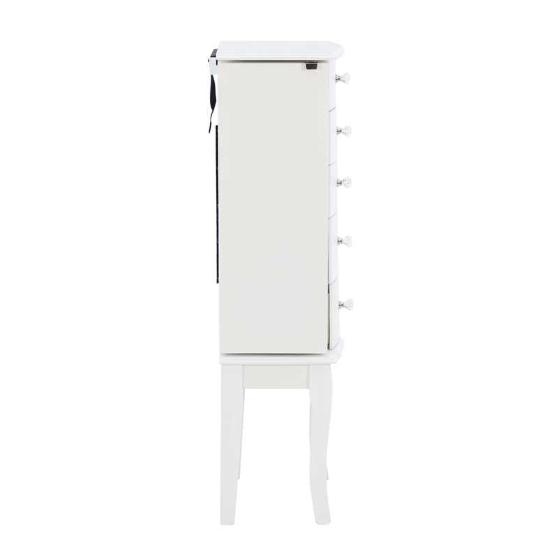 Linon Jasmine Jewelry Armoire Crystal Drawer Pulls Pink Lining in White Wood