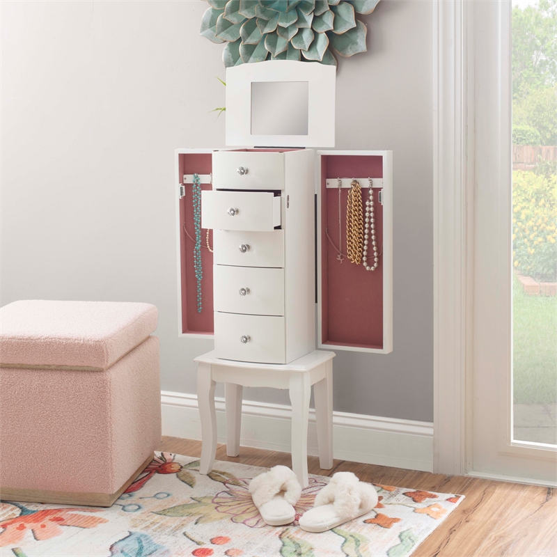 Linon Jasmine Jewelry Armoire Crystal Drawer Pulls Pink Lining in White Wood