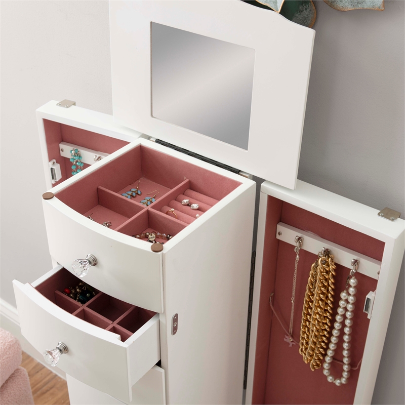 Linon Jasmine Jewelry Armoire Crystal Drawer Pulls Pink Lining in White Wood
