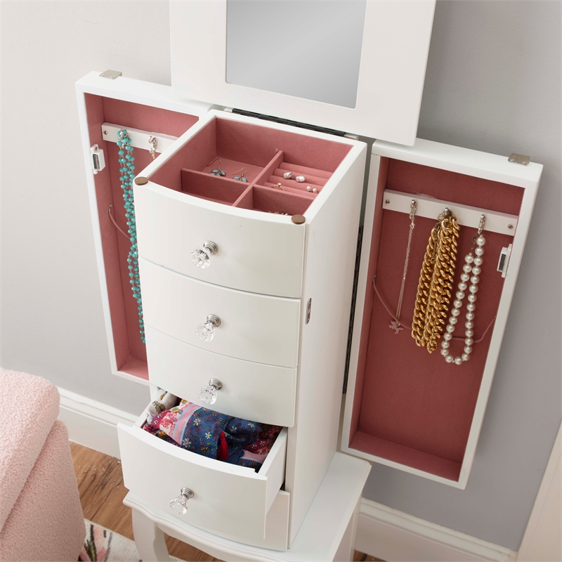 Linon Jasmine Jewelry Armoire Crystal Drawer Pulls Pink Lining in White Wood