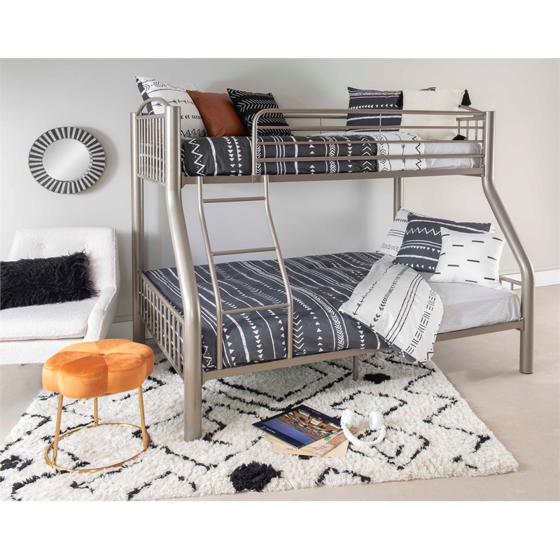 Linon Heavy Metal Twin Over Full Bunk Bed Attached Ladder in Pewter