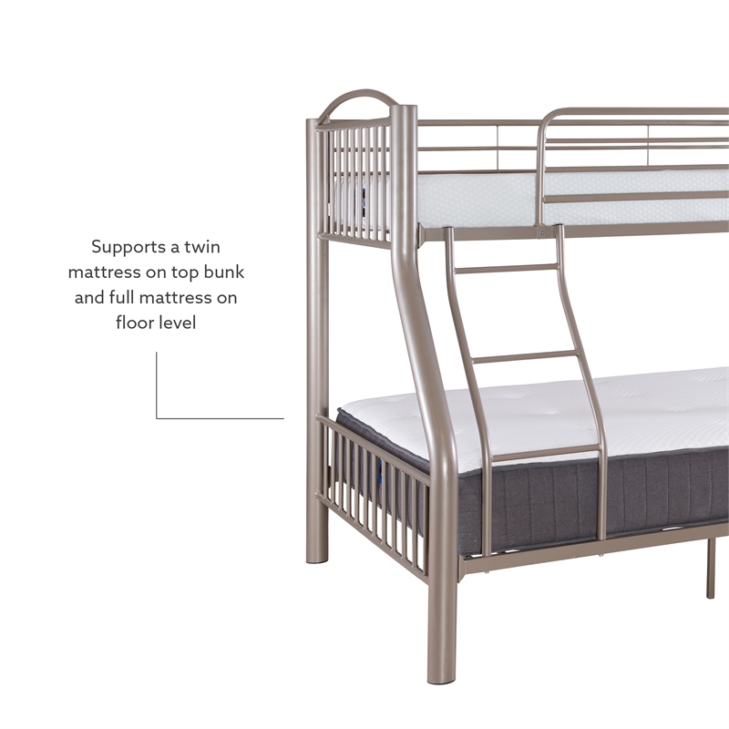 Linon Heavy Metal Twin Over Full Bunk Bed Attached Ladder in Pewter