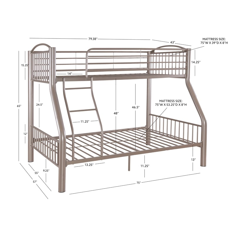 Linon Heavy Metal Twin Over Full Bunk Bed Attached Ladder in Pewter