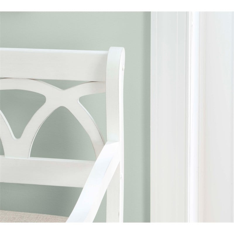 Linon Elliana Storage Bench Beige Padded Seat Cutout Back Design in White Wood