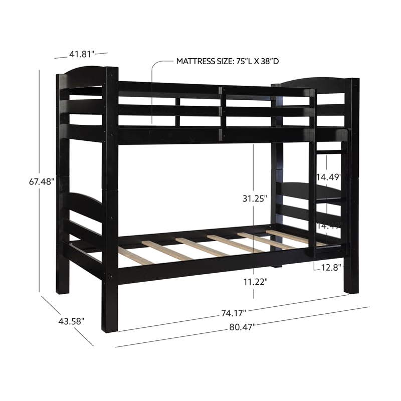 Linon Levi Twin over Twin Wood Bunk Bed in Black