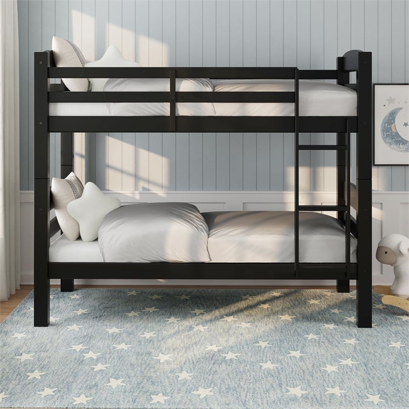 Linon Levi Twin over Twin Wood Bunk Bed in Black