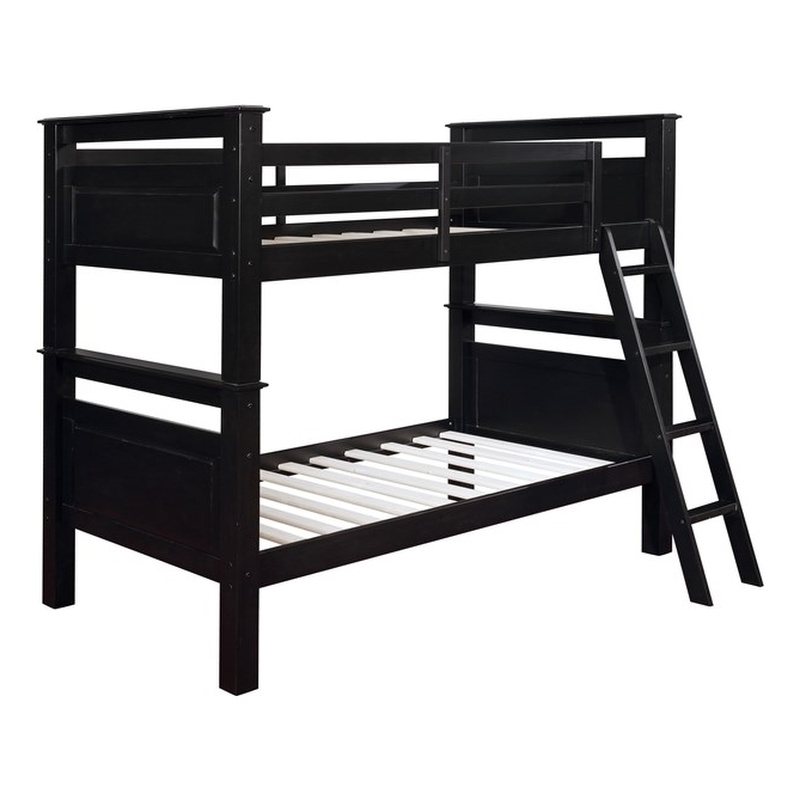 Linon Beckett Twin over Twin Pine Wood Bunk Bed Heavy Duty Wood Slats in Black