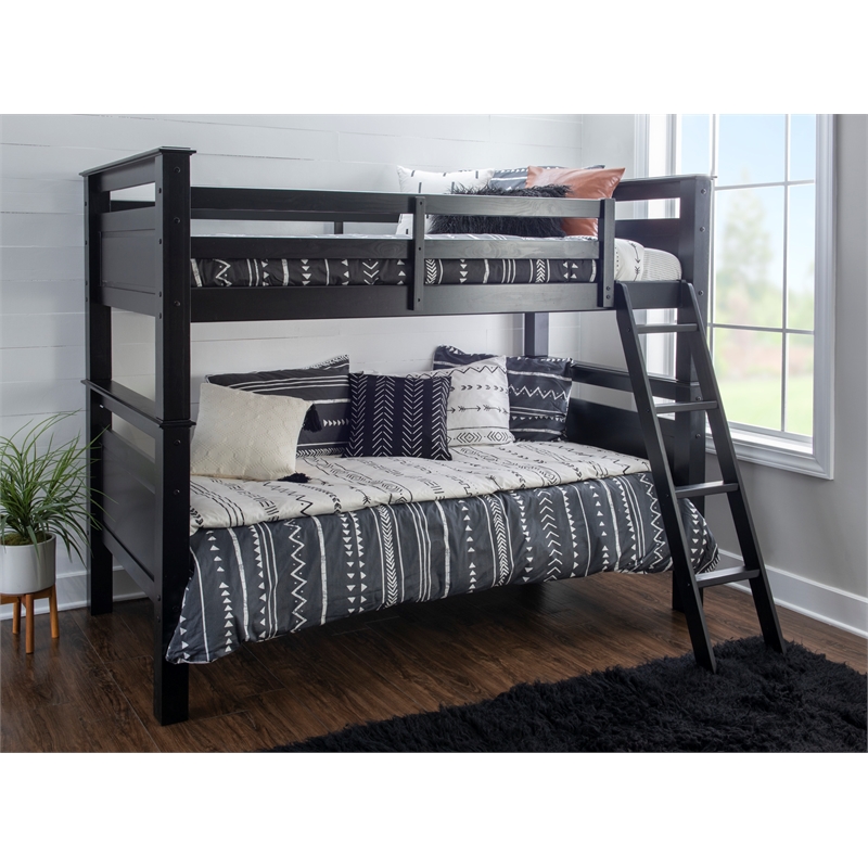 Linon Beckett Twin over Twin Pine Wood Bunk Bed Heavy Duty Wood Slats in Black