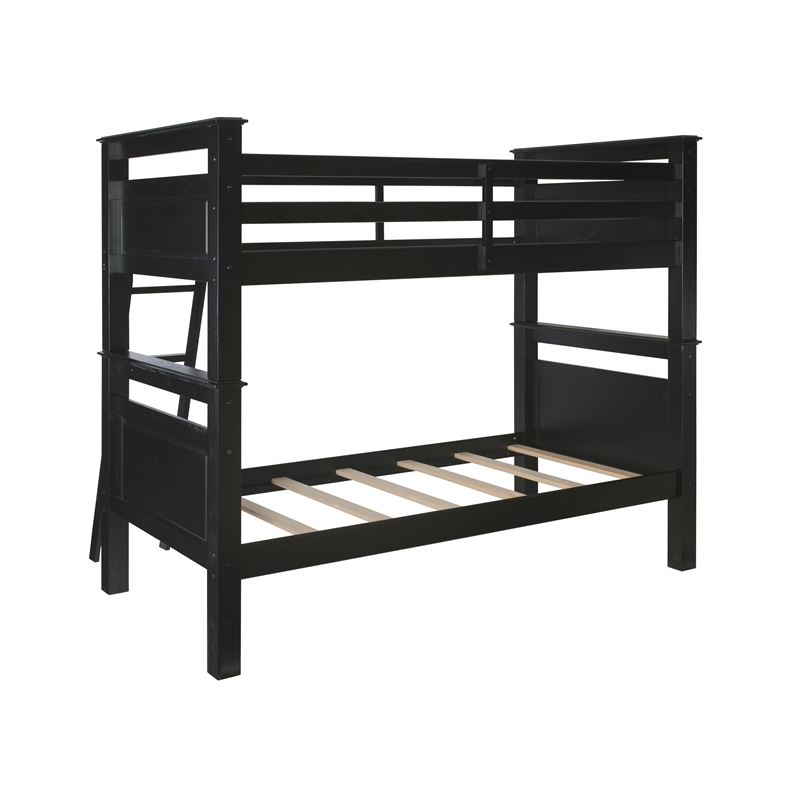 Linon Beckett Twin over Twin Pine Wood Bunk Bed Heavy Duty Wood Slats in Black