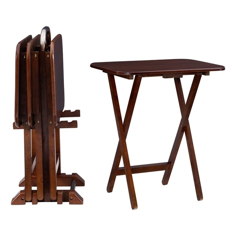 Linon Burke Wood 5 Piece Oversized Tray Table Set Chrome Handle in Dark Cherry