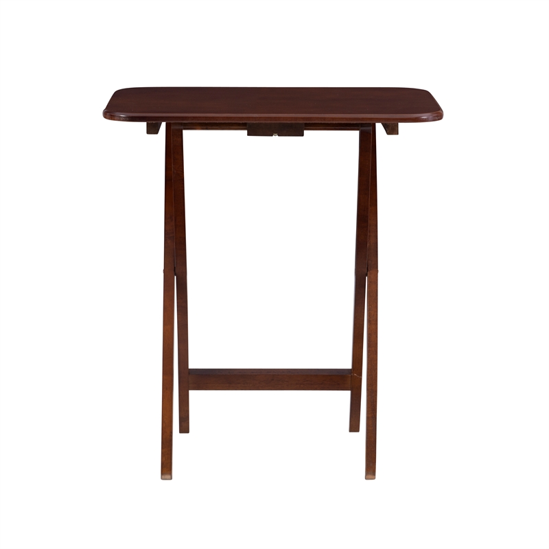 Linon Burke Wood 5 Piece Oversized Tray Table Set Chrome Handle in Dark Cherry