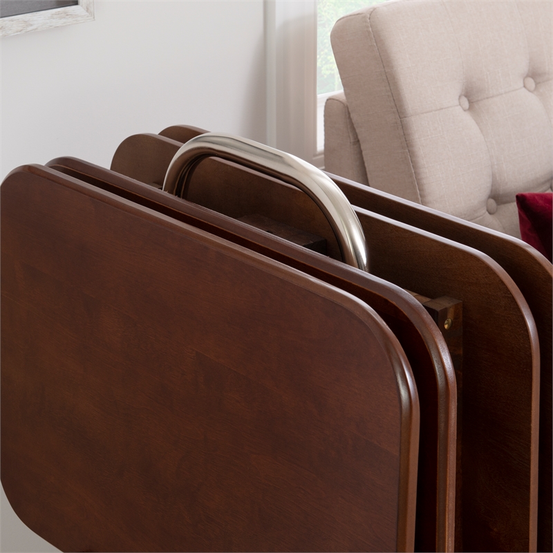 Linon Burke Wood 5 Piece Oversized Tray Table Set Chrome Handle in Dark Cherry