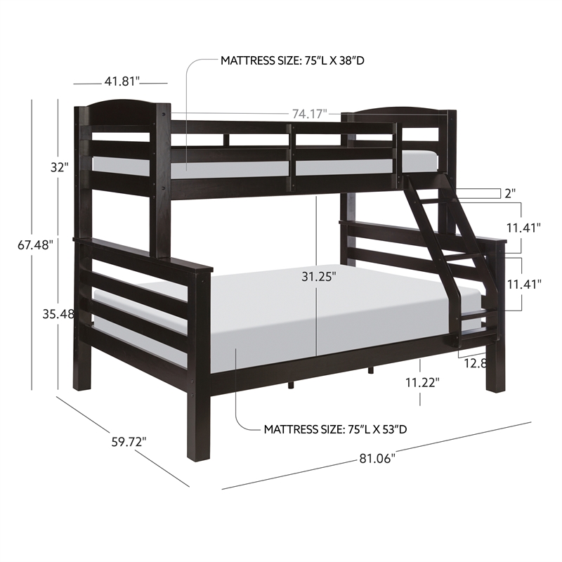 Linon Levi Twin over Full Wood Bunk Bed with Built in Ladder in Black