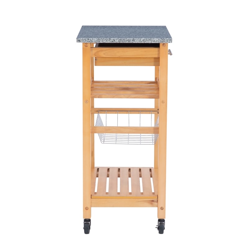 Linon Natalie Granite Top Rolling Kitchen Storage Cart in Natural Wood