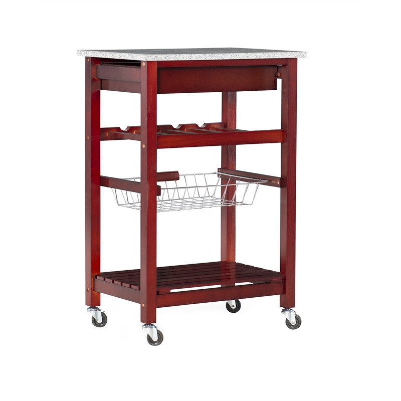 Linon Natalie Granite Top Rollng Kitchen Storage Cart in Wenge Brown Wood