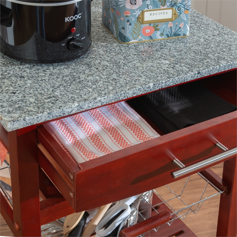 Linon Natalie Granite Top Rollng Kitchen Storage Cart in Wenge Brown Wood