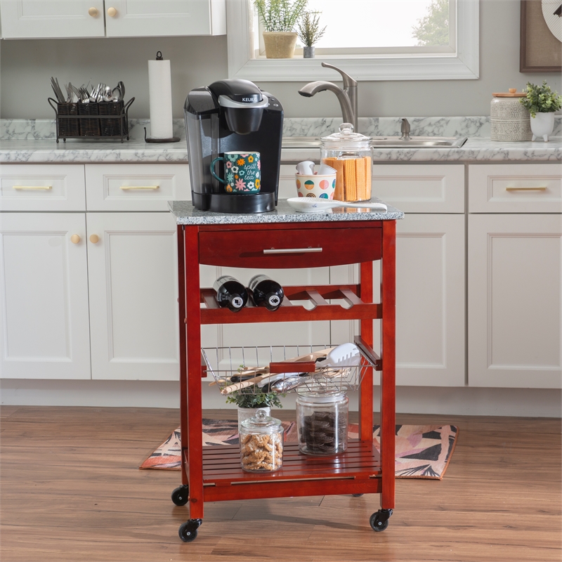 Linon Natalie Granite Top Rollng Kitchen Storage Cart in Wenge Brown Wood